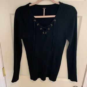 Women’s black ribbed lace up long sleeve top
